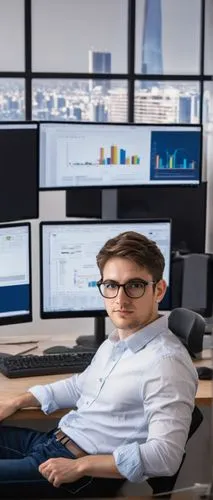 Male programmer, 30s, bespectacled, short brown hair, casual wear, white shirt, dark blue jeans, black sneakers, sitting, desk, multiple monitors, keyboard, mouse, papers, certificates on wall, softwa