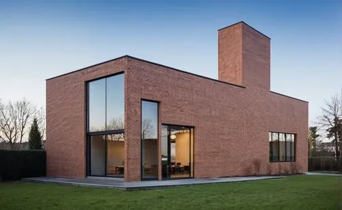 the exterior of a brick house with a large front yard,frisian house,danish house,gemeentemuseum,modern house,nieuwenhuizen,huis,Photography,General,Realistic