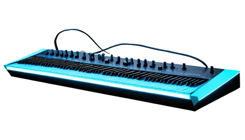 Futuristic synthesizer, neon blue glow, metallic body, sleek design, knobs and sliders, flashing lights, cables connected, studio background, shallow depth of field, dramatic spotlight, dark ambient l