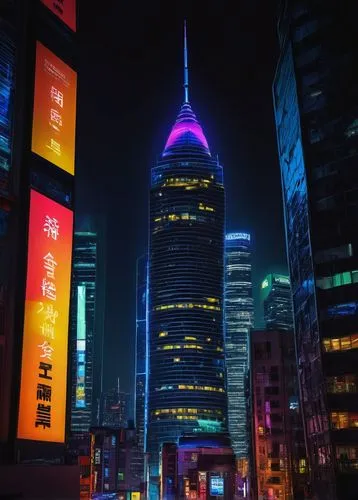 Advertisement, billboard, cityscape, urban, metropolitan, skyscraper, night view, neon lights, bold font, eye-catching graphics, bright colors, dynamic composition, shallow depth of field, bokeh effec