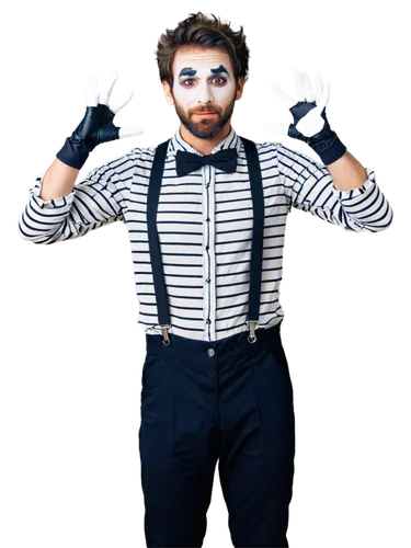 Bearded mime, solo, (40yo), white face paint, black eyebrows, bushy beard, messy hair, striped shirt, suspenders, black pants, white gloves, standing, silent, expressive eyes, dramatic lighting, shall