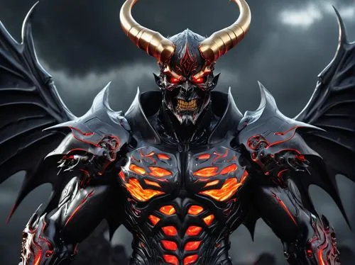 Demon lord, muscular male, red skin, sharp horns, black wings, black cape, gold armor, menacing eyes, sharp teeth, evil smile, dark background, hellish landscape, lava flows, burning trees, ominous cl