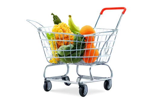 Shopping cart, wire frame, metal body, four wheels, basket with handle, various goods inside, fruits, vegetables, snacks, drinks, colorful packaging, shallow depth of field, soft natural light, 3/4 co