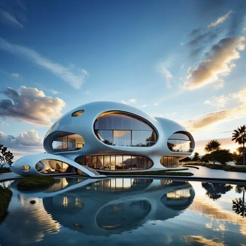 a futuristic white house with large windows near a swimming pool,futuristic architecture,futuristic art museum,modern architecture,cubic house,cube house,dunes house,Photography,General,Realistic