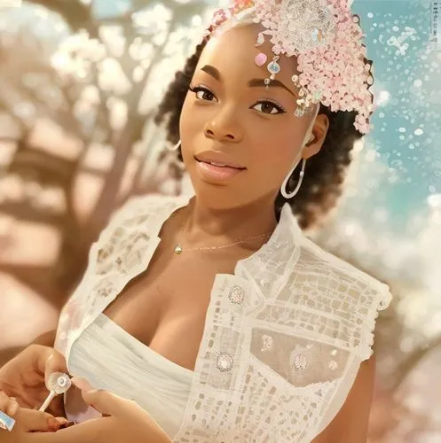 caribbean woman, short culy hair, princess with diamonds and gems,tiana,linden blossom,maria bayo,portrait background,bridal accessory,beautiful bonnet,african american woman,white rose snow queen,bri