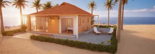 "Mejorar la imagen de una casa en la playa añadiendo detalles de alta calidad y realismo. Incluir un cielo al atardecer con tonos cálidos de naranja y rosa, reflejando la luz en las ventanas de la cas