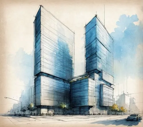 Building Sketch Concept,a watercolor of two buildings with cars in front,unbuilt,koolhaas,tishman,bunshaft,glass facade,glass building,Conceptual Art,Daily,Daily 32