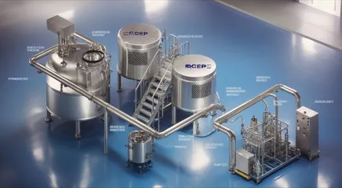 Pharmaceutical Industry, Clean Room, Industrial process room with stainless steel tanks, platforms, pipes, electrical troughs, photorealistic,a diagram of an industrial processing machine,calorimeters