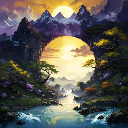 fantasy landscape,landscape background,fantasy picture,mountain landscape,cartoon video game background,mountainous landscape,purple landscape,world digital painting,mountain scene,fantasy art,mountain world,alfheim,high landscape,an island far away landscape,dusk background,paisaje,nature landscape,3d fantasy,mountain sunrise,nature background,Conceptual Art,Fantasy,Fantasy 05