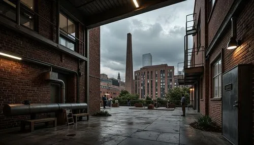 Rustic industrial landscape, worn brick walls, metallic pipes, distressed concrete floors, reclaimed wood accents, exposed ductwork, mechanical equipment, urban cityscape, moody overcast sky, dramatic