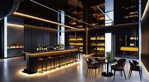 This space is a wine bar space, creating a vintage space with an overall heavy atmosphere. Use dark, glossy stone for the floor, and use a glossy material for the bar-shaped table in the center to exp