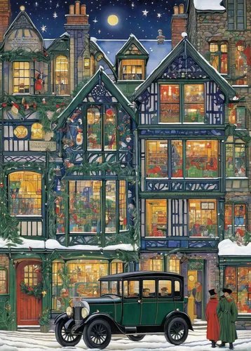 advent calendar,christmas scene,christmas town,christmas landscape,christmas cars,christmas car,winter village,snow scene,christmas truck,christmas retro car,vintage christmas calendar,vintage christmas,christmas village,david bates,christmas vintage,the holiday of lights,christmas house,christmas window on brick,christmas motif,morris eight,Illustration,Retro,Retro 05