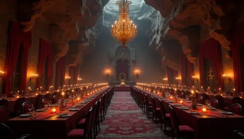 hall of the fallen,ornate room,the throne,dining room,tentorium,candelabra,exclusive banquet,candelabras,lair,throne,ballroom,centrepiece,castle of the corvin,place setting,grandeur,cave church,labyrinthian,monastery,chandeliers,royal interior,Photography,General,Realistic