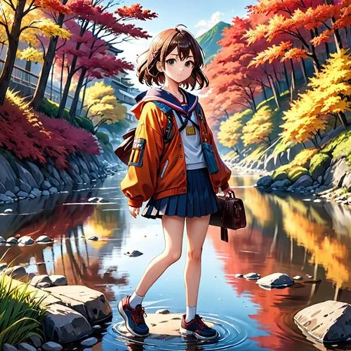 japanese style, manga, realistic,colors,autum,river,anime style scene of a girl standing in the water,kumiko,suzumiya,autumn background,haruhi,haruhi suzumiya sos brigade,tsukiko,Anime,Anime,General