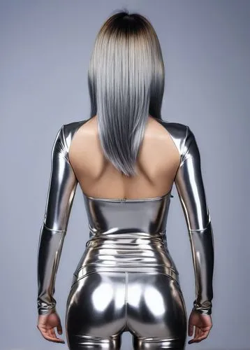 latex clothing,latex,silver,gunmetal,pvc,photo session in bodysuit,chrome steel,pewter,black leather,black,metallic,aluminum,leather,artificial hair integrations,rubber doll,silver lacquer,platinum,leather texture,chrome,bodysuit,Photography,General,Realistic