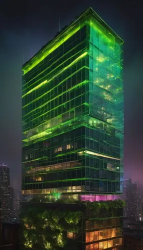 Futuristic skyscraper, modern architecture, sleek lines, metallic materials, reflective glass, neon lights, rooftop garden, urban cityscape, nighttime, dramatic lighting, low-angle shot, cinematic com