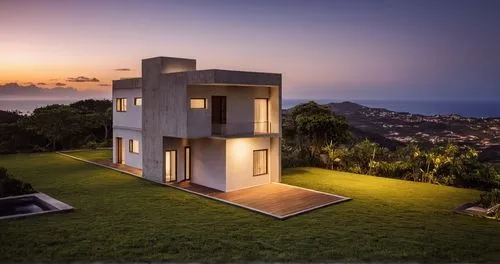 UMA RESIDENCIA CONTEMPORANEA, EM CONCRETO E MADEIRA,VIDRO E PEDRA.,this house sits on top of a mountain with the sun setting behind it,fresnaye,cubic house,cube stilt houses,cube house,modern architec