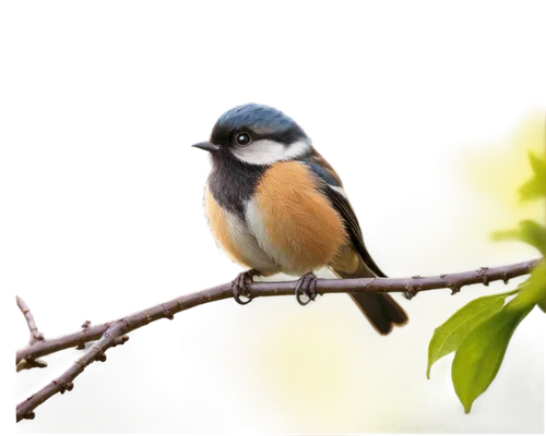 Small bird, tit, perched, green leaves, branches, bright eyes, tiny beak, soft feathers, brown back, white belly, wings folded, morning sunlight, shallow depth of field, warm color tone, cinematic lig