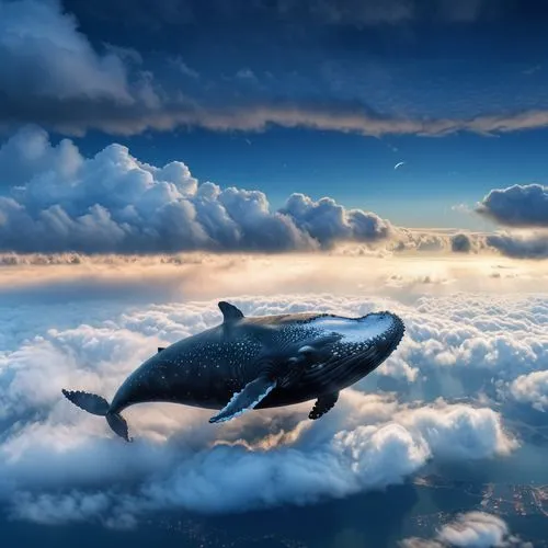 A whale in the sky above the clouds,a whale diving in the air above the clouds,a flying dolphin in air,humpback whale,pot whale,whale,blue whale,whales,spaceshipone,orca,dusky dolphin,giant dolphin,ba