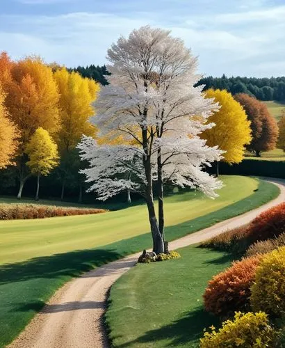 make autumn,a country road winds through a colorful forest,golf landscape,golf course background,autumn round,golfcourse,golf course,fall landscape