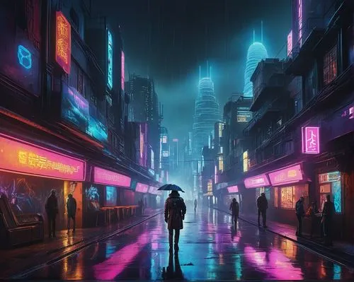 cyberpunk,shinjuku,tokyo city,tokyo,walking in the rain,taipei,blue rain,hong kong,shanghai,neon lights,rainy,cityscape,shibuya,kowloon,world digital painting,colorful city,vapor,neon light,pedestrian,neon arrows,Art,Artistic Painting,Artistic Painting 50