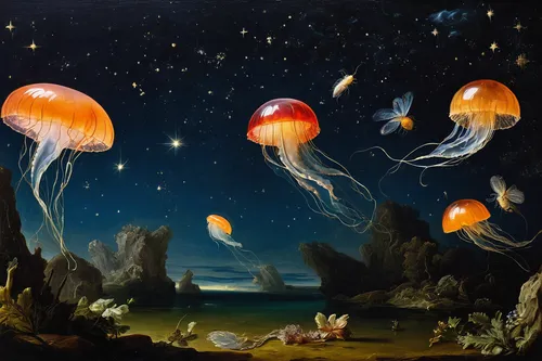 sea jellies,jellyfishes,jellyfish collage,marine invertebrates,jellies,jellyfish,cnidaria,mushroom landscape,lion's mane jellyfish,marine gastropods,fairy lanterns,sea anemones,box jellyfish,fungal science,toadstools,sea creatures,invertebrates,vintage fairies,cnidarian,club mushroom,Art,Classical Oil Painting,Classical Oil Painting 37