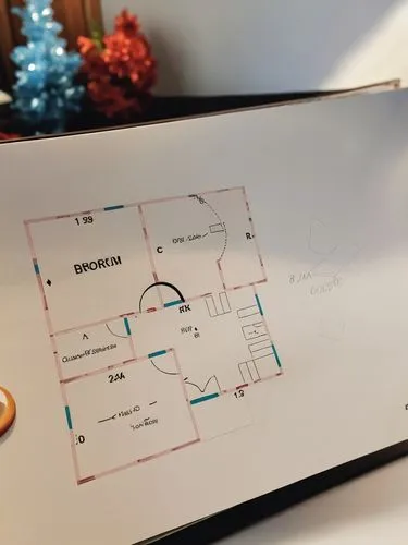 a white and blue floor plan and a wooden chair,electrical planning,dry erase,floorplan home,preamplifier,computer monitor,floorplans,Photography,General,Realistic