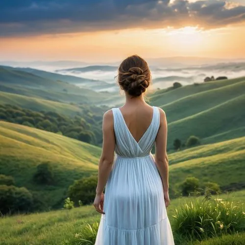 girl in white dress,girl in a long dress from the back,girl in a long dress,eurythmy,landscape background,wedding photography,countrywoman,celtic woman,background view nature,beautiful landscape,white dress,woman silhouette,country dress,windows wallpaper,nature background,madding,landscape photography,landscapes beautiful,idyll,idylls,Photography,General,Realistic