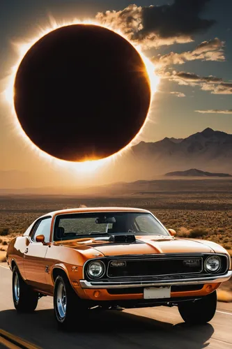 dodge challenger,alfa romeo montreal,eclipse,ford maverick,total eclipse,solar eclipse,amc javelin,mercury cyclone,ford torino,ford pinto,lamborghini espada,plymouth barracuda,lamborghini jarama,american muscle cars,plymouth duster,amc amx,muscle car,ford mustang mach 1,70's icon,ford capri,Illustration,Abstract Fantasy,Abstract Fantasy 10