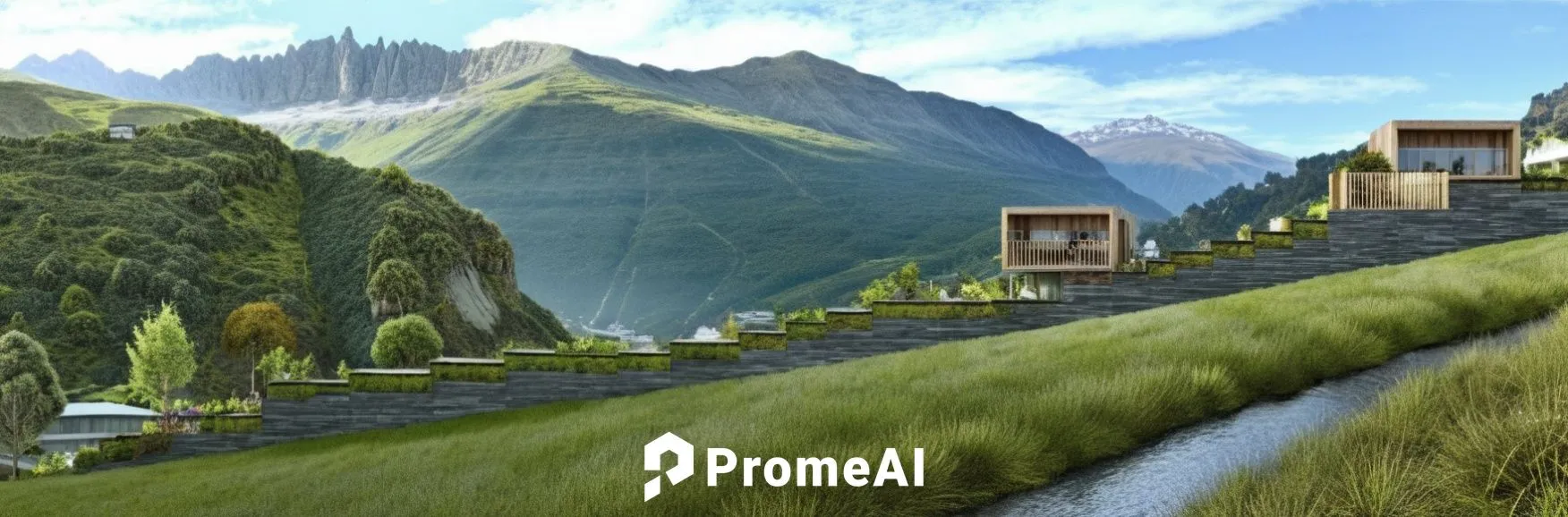 I WANT YOU TO PLACE A RIVER AT THE END OF THE SLOPE AND A MEADOW OF LOW GRASS THAT DOES NOT OBSTRUCE THE VIEW OF THESE TWO BLOCKS WHICH ARE SMALL CABINS OF ANDEAN ARCHITECTURE,ecotopia,ecovillages,riv