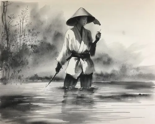 woman holding a cane and wearing a big hat,mengzi,erhu,fisherwoman,man with umbrella,yi sun sin,vietnamese tet,Illustration,Paper based,Paper Based 30