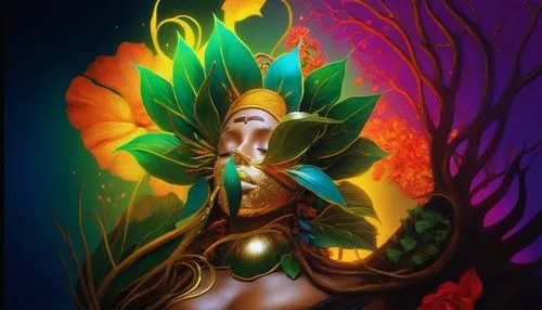 Elegant Fantasy of Shiva,the image shows an artistic portrait with multiple colored leaves and flowers,oshun,baoshun,tretchikoff,dakini,janmastami,ayahuasca,Photography,Artistic Photography,Artistic P