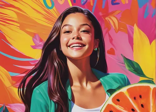 Create a vibrant Olivia Rodrigo poster inspired by summer love and nostalgia.,lolly,tutti frutti,clove,clove-clove,watermelon background,popart,vector illustration,cool pop art,modern pop art,pop art 