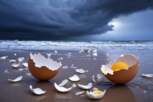 Amidst a raging storm, egg shells scatter on a desolate beach. Write a dramatic tale of survival and hope.,broken eggs,egg shell break,egg shells,eggshells,broken egg,boiled eggs,goose eggs,egg shell,