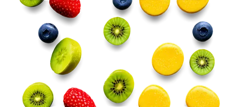 Transparent food PNG, colorful dessert, macarons, strawberries, blueberries, grapes, kiwi, pineapple, water droplets, shiny surface, reflective light, 3/4 composition, close-up shot, soft focus, warm 