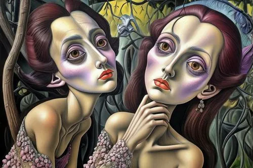 salvador Dali, style peinture à l'huile modigliani, très colorée, ,david bates,mirror image,doll looking in mirror,split personality,surrealism,mirrors,adam and eve,the mirror,bodypainting,two girls,m