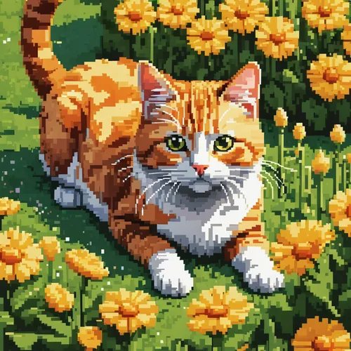 A cute pixel art of a cat in a sunny garden,pixel art,flower cat,calico cat,pixel,red tabby,felidae,cat image,flower animal,springtime background,cat vector,marigold,pixelgrafic,flower painting,tabby 