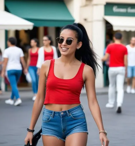 A surprise full body paparazzi photo.  The Moroccan girl with black hair in a high ponytail is walking down the street.  In the background people are walking.  She wears short jeans, a red tank top, s