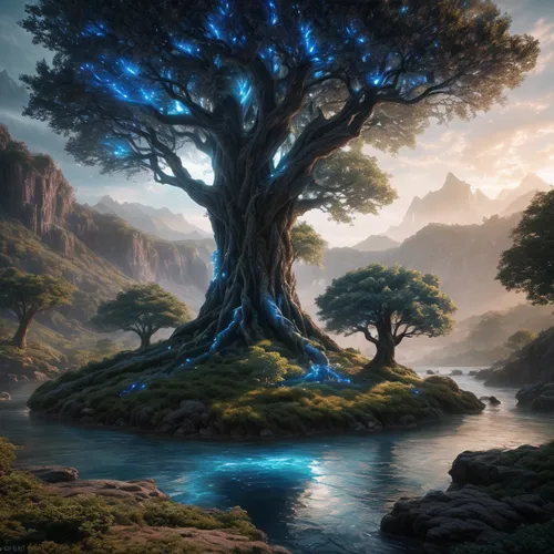 fantasy landscape,fantasy picture,celtic tree,magic tree,tree of life,dragon tree,elven forest,isolated tree,flourishing tree,landscape background,lone tree,forest landscape,argan tree,fantasy art,forest tree,world digital painting,fairy forest,the japanese tree,river juniper,nature landscape