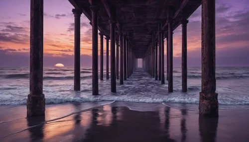 The pillars of the pier extend out into the ocean on both sides, with soft waves under a purple and orange sky.,scripps pier,burned pier,wooden pier,old pier,huntington beach,the pier,fishing pier,san