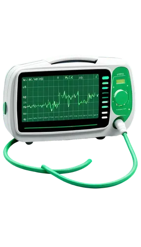 EKG machine, medical device, heartbeat monitor, digital screen, green lines, pulsing rhythm, stethoscope, white background, close-up shot, shallow depth of field, soft lighting, realistic texture.,an 