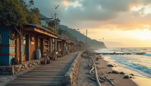 beach landscape,seaside resort,seaside country,beach scenery,beachfront,seaside view,beach hut,wooden pier,wood and beach,beautiful beaches,oceanfront,alanya,esalen,trabocchi,coastal landscape,beach huts,boardwalks,shorefront,beautiful beach,beach restaurant,Photography,General,Realistic