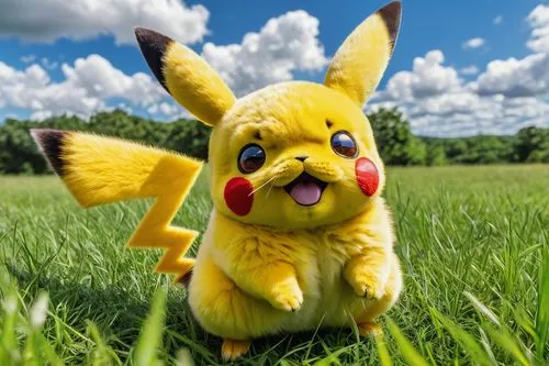 Pikachu, Pokémon, yellow fur, red cheeks, lightning bolt tail, cute expression, energetic pose, grassland, sunny day, blue sky, fluffy white clouds, few trees in background, vibrant green grass, Pokém