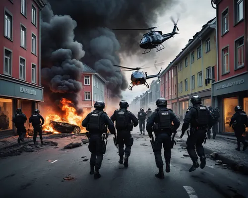 sweden fire,copenhagen,stockholm,police berlin,sweden,sweden bombs,photo manipulation,swat,trondheim,digital compositing,gothenburg,riot,basel,bergen,clash,theater of war,war zone,filmjölk,oslo,world war,Illustration,Black and White,Black and White 27