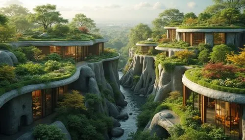 ecotopia,futuristic landscape,rivendell,treehouses,terraformed,fantasy landscape,futuristic architecture,biomes,roof landscape,elves country,ecovillages,terraforming,3d fantasy,topia,tree house hotel,floating islands,mushroom landscape,karst landscape,landscaped,arcology,Photography,General,Realistic