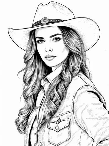 a woman with long hair wearing a cowboy hat,cowgirl,fashion vector,coloring page,akubra,countrygirl,vector illustration,Design Sketch,Design Sketch,Black and white Comic