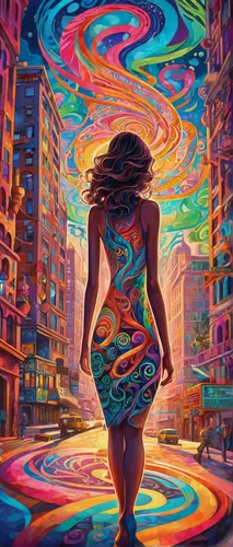 neon body painting,colorful spiral,psychedelic art,colorful city,psychedelic,illusion,colorful light,girl walking away,swirling,colorful background,vortex,dimensional,vertigo,kaleidoscopic,lsd,aura,woman walking,intense colours,colorful life,oil painting on canvas,Illustration,Realistic Fantasy,Realistic Fantasy 39