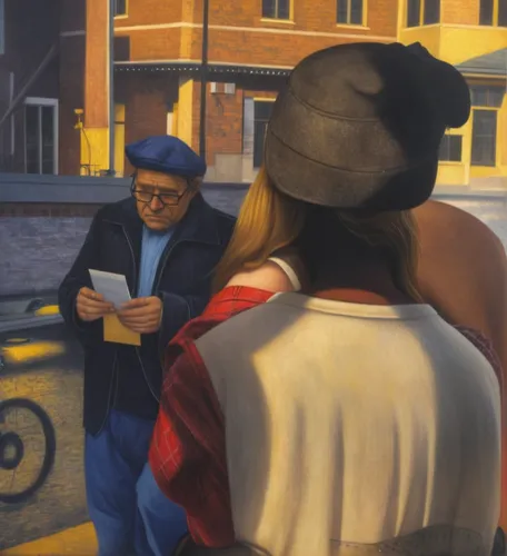  #1 old man with glasses and hat # 2 a girl with long hair with her backside looking at man.  # her back is stable not her face . both are white-skinned,people reading newspaper,postmasters,blonde wom