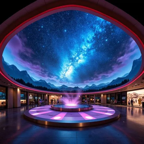 Celestial planetarium dome, futuristic fusion architecture, dynamic LED lighting, vibrant neon hues, starry night sky, 3D projection mapping, immersive audiovisual experience, interactive exhibits, sp