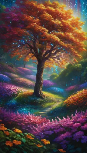 colorful tree of life,fantasy landscape,flourishing tree,magic tree,purple landscape,mushroom landscape,fairy forest,painted tree,colorful background,blossom tree,fantasy picture,flower tree,tree grove,fallen colorful,tree of life,forest of dreams,blooming field,sakura tree,autumn background,autumn landscape,Photography,General,Commercial